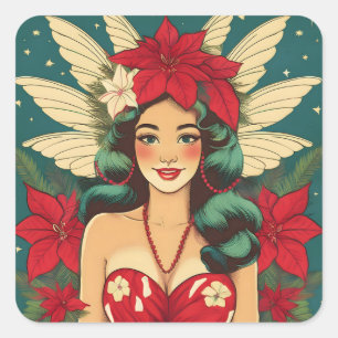 Pegatina Cuadrada Chica Pin-Up Retro de Navidad Tropical de los 50