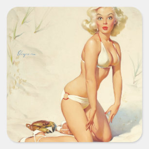 Pegatina Cuadrada Chica Pin-up Retro en la Playa