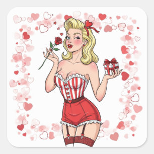 Pegatina Cuadrada Chica Pin-Up Retro Rubia del Día de San Valentín