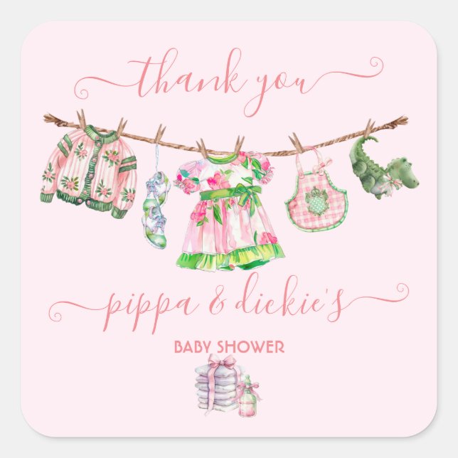 Pegatina Cuadrada Chica preppy clothesline Baby Shower (Anverso)