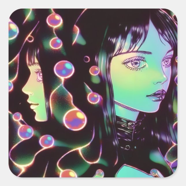 Pegatina Cuadrada Chica Psicodélico Anime (Anverso)