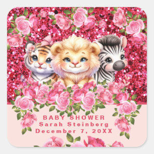 Pegatina Cuadrada Chica Purpurina rosa Baby Shower Animales salvajes