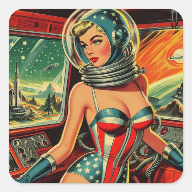 Pegatina Cuadrada Chica retro astronauta (Anverso)