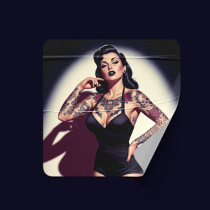 Pegatina Cuadrada Chica Retro con Tatuajes