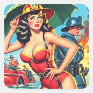 Pegatina Cuadrada Chica Retro Firefighter