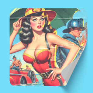 Pegatina Cuadrada Chica Retro Firefighter