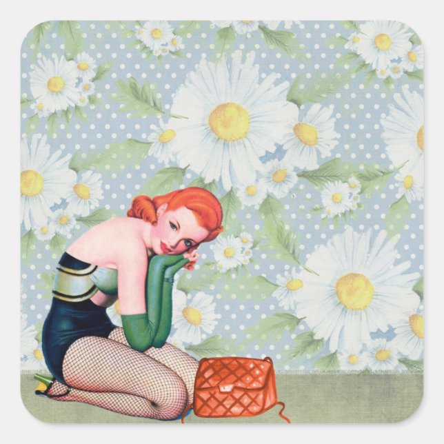 Pegatina Cuadrada Chica Retro Redhead Pin-up (Anverso)
