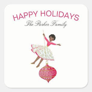 Pegatina Cuadrada Chica retro vintage con ornamento de navidades