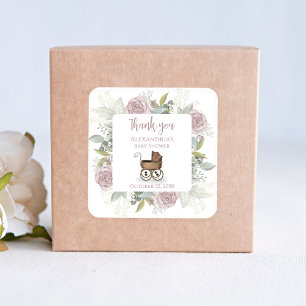 Pegatina Cuadrada Chica Rosa Floral Gracias Baby Shower