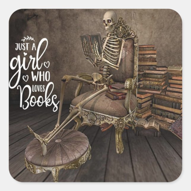 Pegatina Cuadrada Chica Skeletal Bookworm (Anverso)