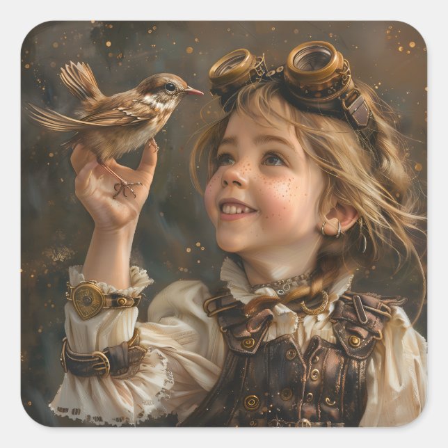 Pegatina Cuadrada Chica Steampunk con pájaro (Anverso)