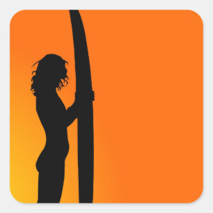 Pegatina Cuadrada Chica Surfer Sunset con tabla de surf