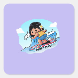 Pegatina Cuadrada Chica surfista hawaiano