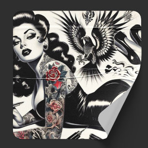 Pegatina Cuadrada Chica Tattooed de la vieja escuela