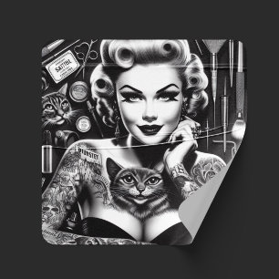 Pegatina Cuadrada Chica tatuada alternativa de la vieja escuela