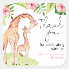 Pegatina Cuadrada Chica tropical Giraffe safari deja ducha de bebé