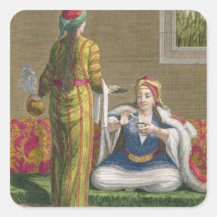 Pegatina Cuadrada Chica turco, con café en el sofá, 18 céntimos