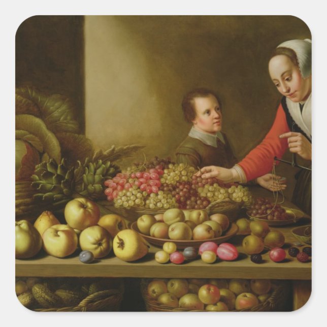 Pegatina Cuadrada Chica vendiendo uvas (Anverso)