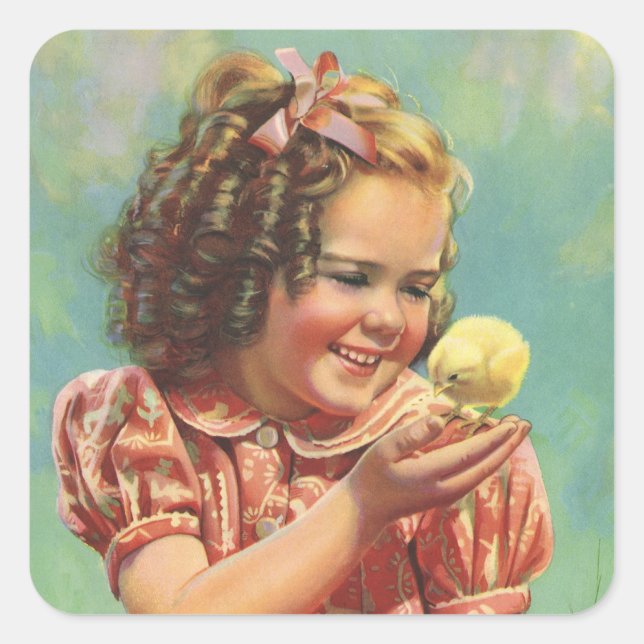 Pegatina Cuadrada Chica ventilado con polluelo bebé, niño feliz sonr (Anverso)