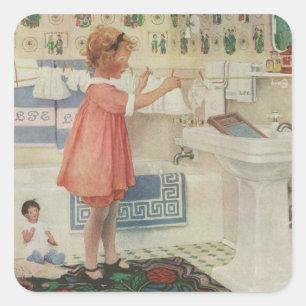 Pegatina Cuadrada Chica Vintage, niña haciendo la colada colgando ro