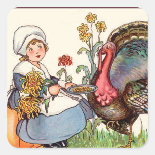 Pegatina Cuadrada chica y pavo, acción de gracias vintage