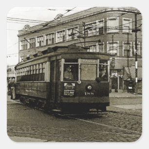 PEGATINA CUADRADA CHICAGO 63 Y OCCIDENTE 1952 TROLEY ART SEPIA