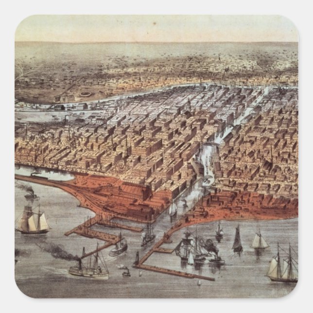 Pegatina Cuadrada Chicago As It Was, c.1880 (Anverso)