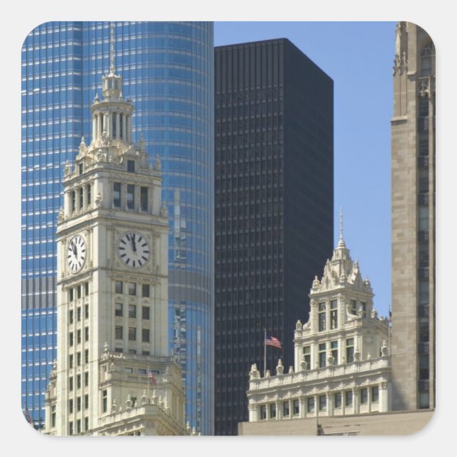 Pegatina Cuadrada Chicago, Edificio Wrigley con Trump Hotel & (Anverso)