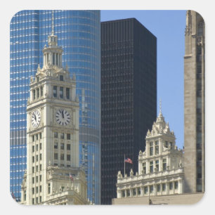 Pegatina Cuadrada Chicago, Edificio Wrigley con Trump Hotel &