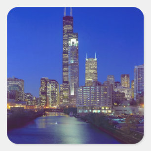 Pegatina Cuadrada Chicago, Illinois, Skyline de noche con Chicago