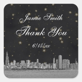 Pegatina Cuadrada Chicago Skyline #2 Black Gold Star Gracias