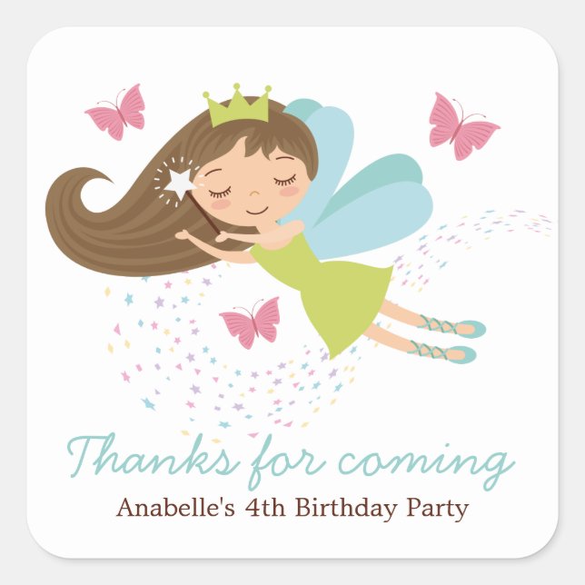 Pegatina Cuadrada Chicas Adorable Fairy Princess Cumpleaños (Anverso)