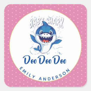 Pegatina Cuadrada Chicas BABY SHARK Ducha Doo Cute Rosa Personalizad