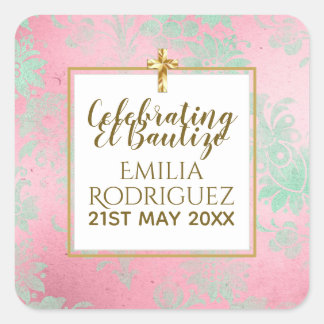 Pegatina Cuadrada Chicas Bautizo Mint Pink Green Damask Gold Cross