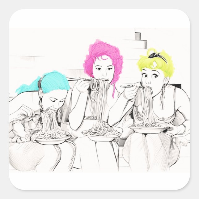 PEGATINA CUADRADA CHICAS COMIENDO SPAGHETTI (Anverso)