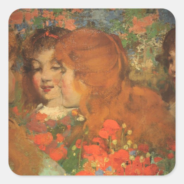 Pegatina Cuadrada Chicas con lapachos rojos (de George Henry) (Anverso)