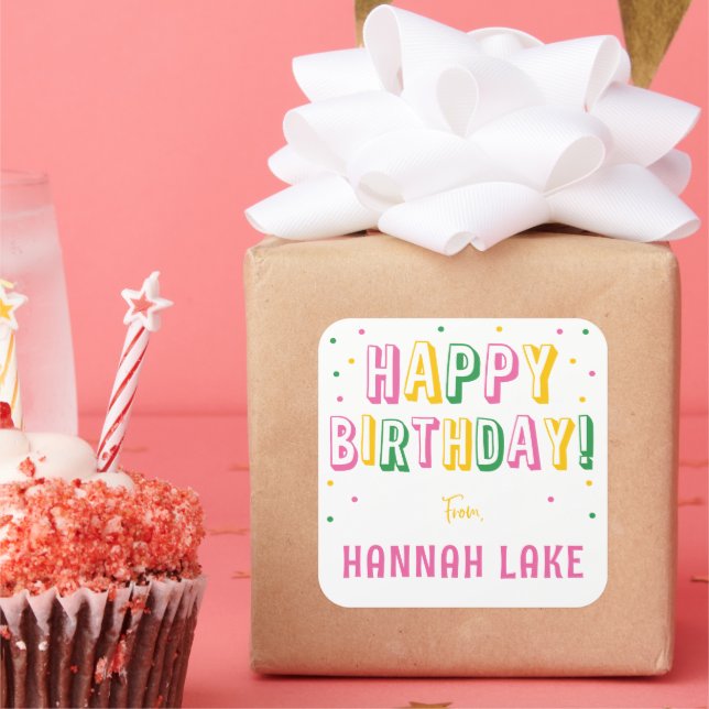 Pegatina Cuadrada Chicas Confetti Personalizado Feliz Cumpleaños (Fiesta)