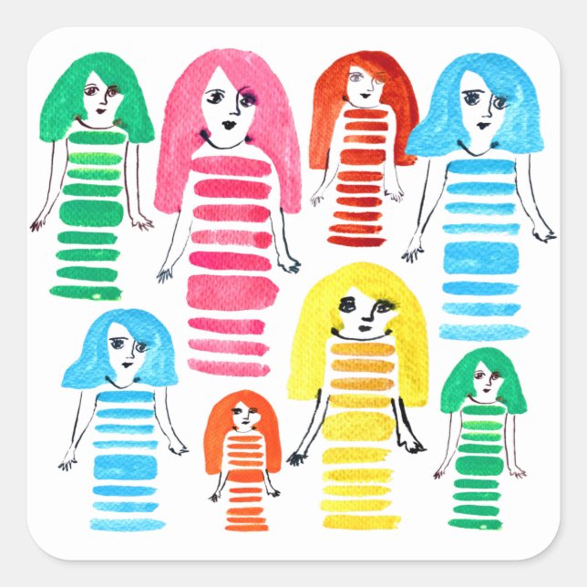 Pegatina Cuadrada Chicas cutáneo acuarela arte moderno divertido (Anverso)