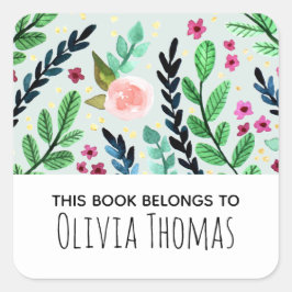 Pegatina Cuadrada Chicas Cute Watercolor Flores Menores Bookplate