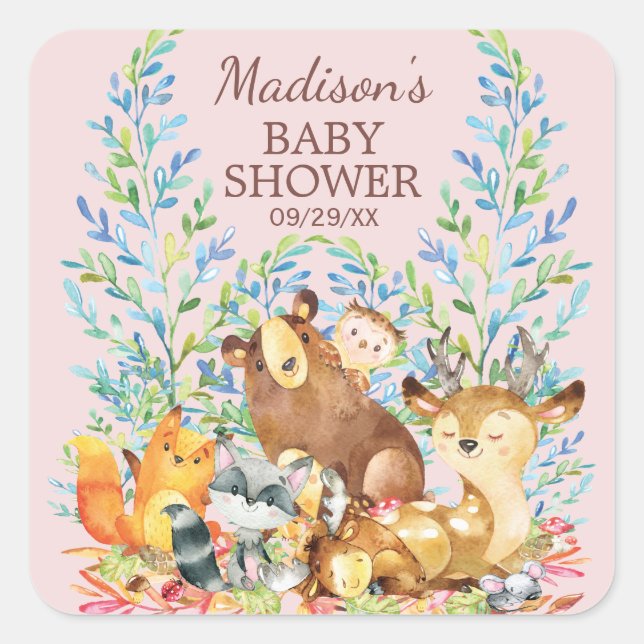 Pegatina Cuadrada Chicas de animales de Woodland Baby Shower favorec (Anverso)