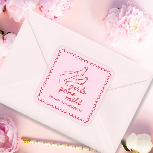 Pegatina Cuadrada Chicas de moda se fueron la soltera manuscrita sua (Chic Girls Gone Mild Handwritten Bachelorette Square Sticker)