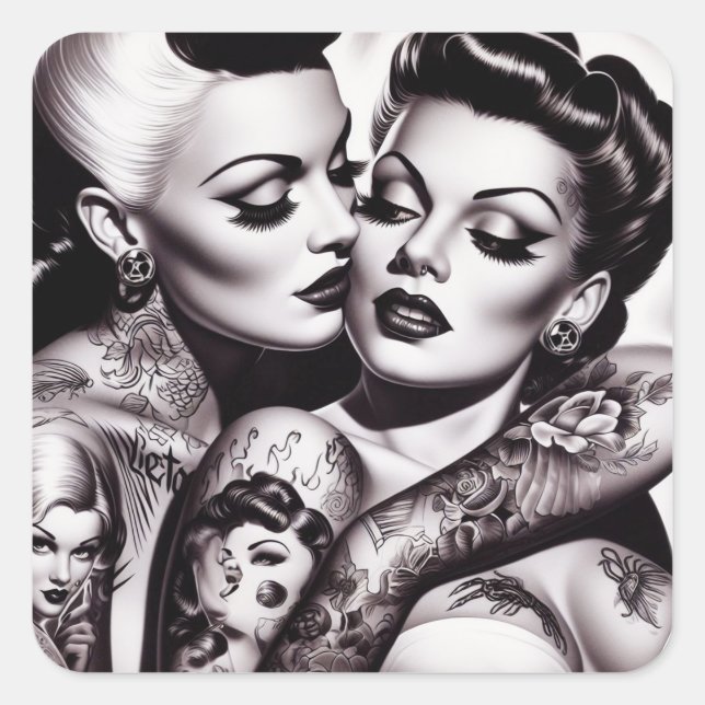 Pegatina Cuadrada Chicas de Retro Glam Tattoo (Anverso)