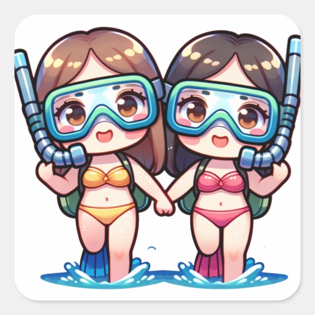 Pegatina Cuadrada Chicas de Snorkel (Anverso)