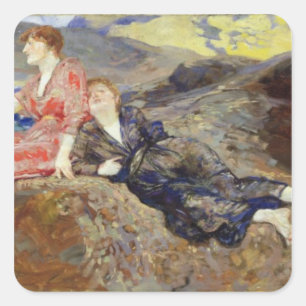 Pegatina Cuadrada Chicas en la costa, c.1884-85