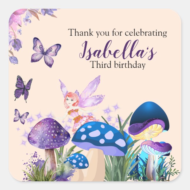 Pegatina Cuadrada Chicas Fairy Purple Mushroom Butterfly Cumpleaños (Anverso)