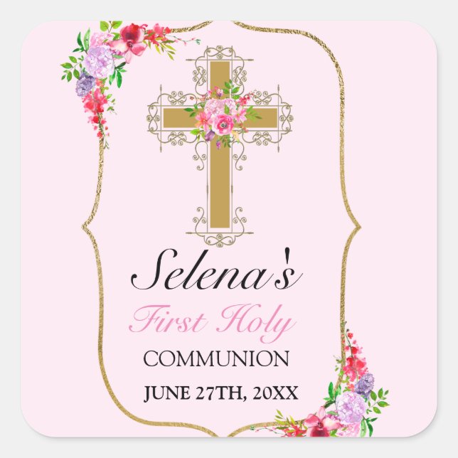 Pegatina Cuadrada Chicas florales rosados bonito 1ª Santa Comunión (Anverso)