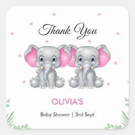 Pegatina Cuadrada Chicas gemelos Cute Elephant Baby Shower Gracias