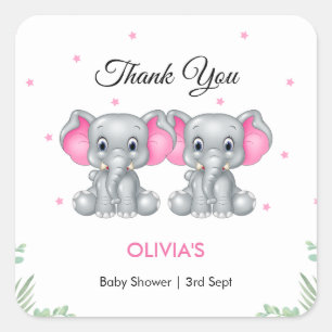 Pegatina Cuadrada Chicas gemelos Cute Elephant Baby Shower Gracias