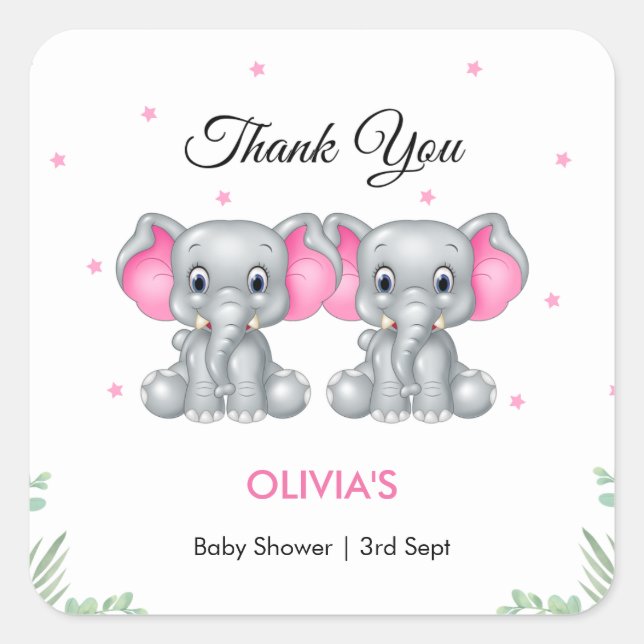 Pegatina Cuadrada Chicas gemelos Cute Elephant Baby Shower Gracias (Anverso)