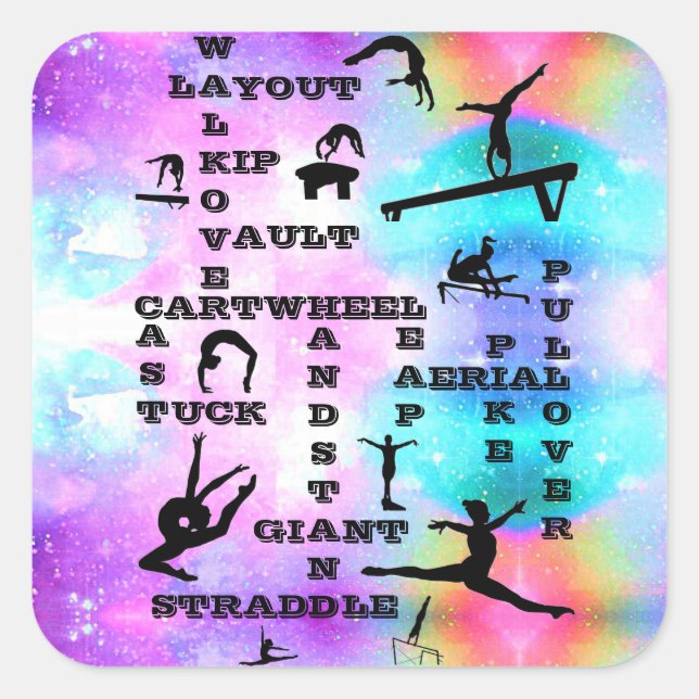Pegatina Cuadrada Chicas Gimnasia Habilidades Pegatinas de Crossword (Anverso)
